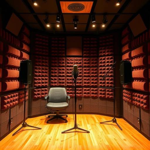 A vocal booth at Sonic Bloom Studios, showcasing acoustic treatment