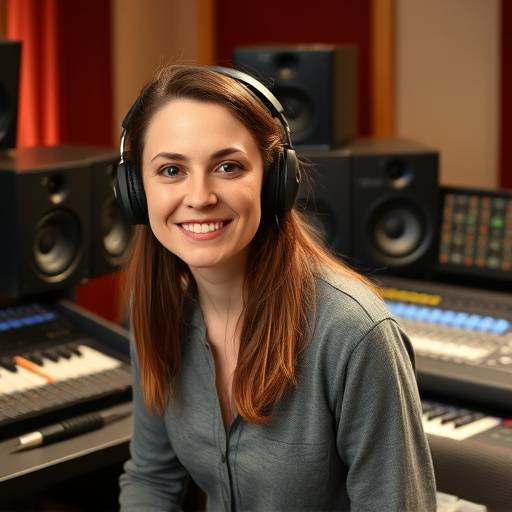 Amelia Stone, Head Audio Engineer, smiling warmly in the control room