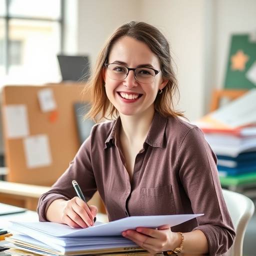 Chloe Davis, Studio Manager, smiling and organizing paperwork in the office