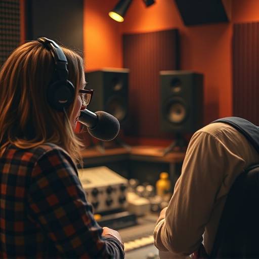 Olivia Greene, Music Producer, giving feedback to a musician in the control room